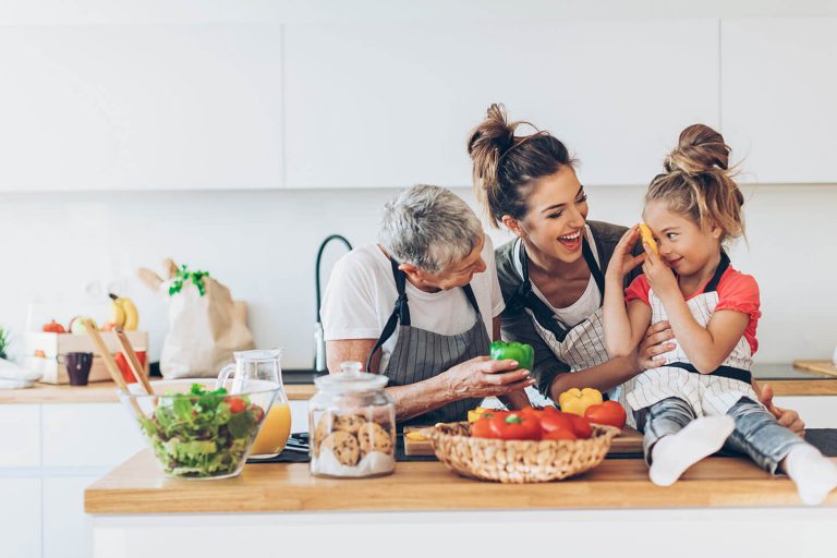 Woman with family in kitchen